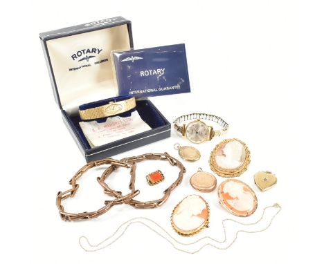 An assorted collection of antique and later rolled gold jewellery. The lot to include a Rotary wrist watch in original box wi