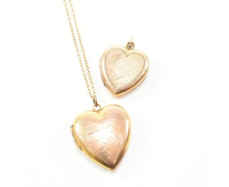 Two vintage heart locket pendants. A 9ct gold back and front heart locket on yellow metal unmarked chain. Measures approx loc