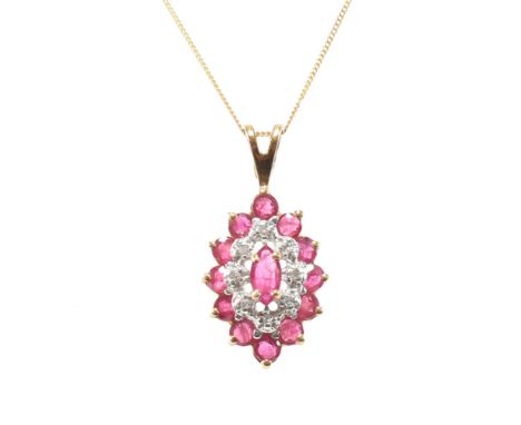 A hallmarked 9ct yellow gold, diamond and ruby pendant on necklace chain. The cluster pendant having a central marquise cut r