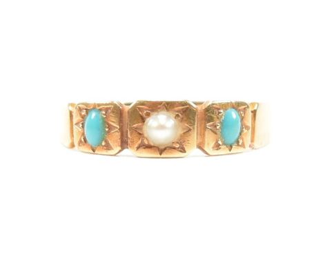 An antique 18ct yellow gold, turquoise and pearl ring. The ring having a central star set pearl flanked by a star set oval cu