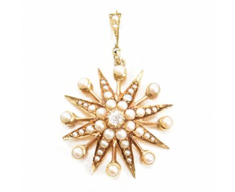 An antique yellow metal, pearl and diamond necklace pendant. The pendant in the form of a star having a round cut diamond to 