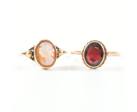 Two hallmarked 9ct gold rings. A cameo set ring and a garnet set ring both hallmarked Birmingham. Weight 4.6g. Sizes L and N.