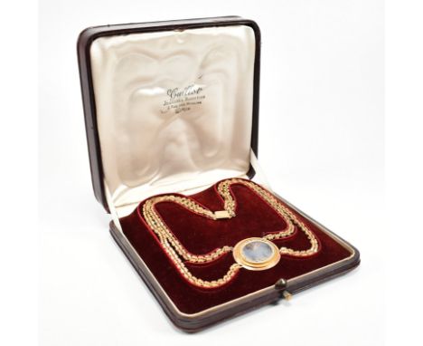 A 19th century French Parisian moss agate seed pearl pendant necklace. The necklace having a twin fancy link chain strung wit