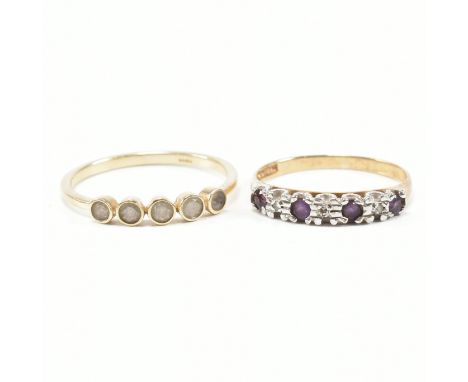 Two hallmarked 9ct yellow gold and diamond rings. The five stone ring having a row of round cut bezel set diamonds to pinched