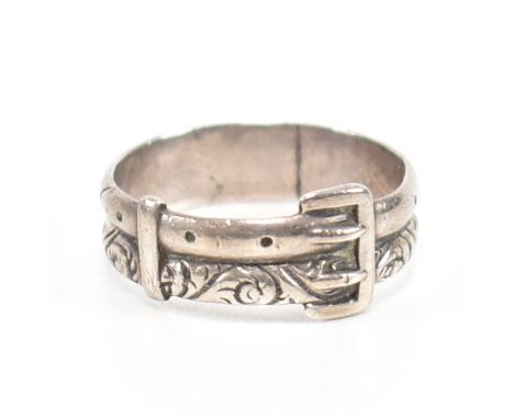 A 19th century Victorian silver buckle ring. The double buckle ring having an etched decorated shank. Hallmarked Birmingham 1