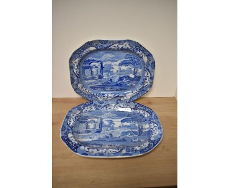Two Victorian blue and white ashettes, of Spode style (unmarked) and having architectural scenes to the centre, each measurin