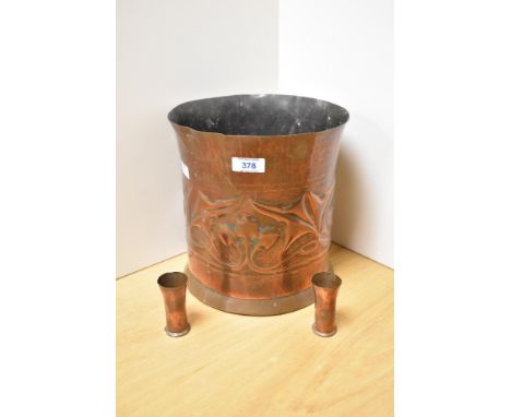 A late 19th Century copper coal bucket, engraved with a stylised flower design and measuring 25cm high, and a pair of small f