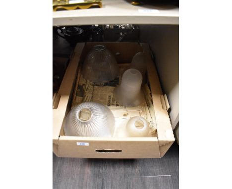 Two mid-20th Century industrial style holophane glass light shades, measuring 20cm in diameter, plus three bell shaped glass 