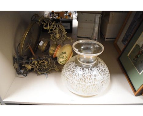 A late 19th Century hanging oil lamp, having a hand painted porcelain reservoir, brass mounts, an etched glass shade and chim