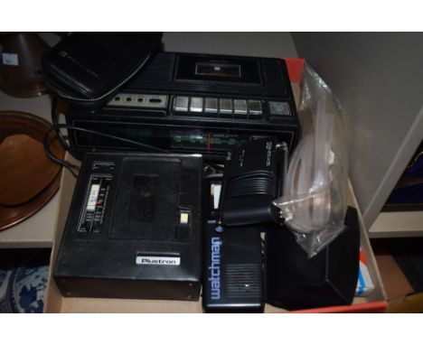 A vintage Auritone MW/FM/LW radio, electronic timer, cassette recorder alarm clock, a vintage Plustron portable redio/cassett