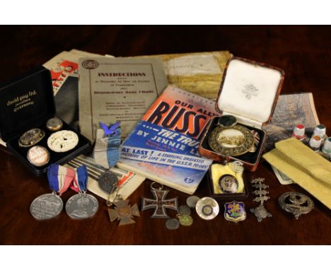 A Small Collection of Miscellaneous: Medals including a German Iron Cross, second class, advertising thimbles, a hair brooch,