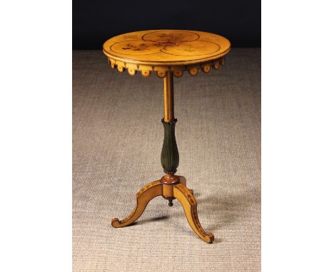 A Pretty 19th Century Inlaid Maple Tripod Table.  The circular top ornamented with a thistle, rose and shamrock in a banded t