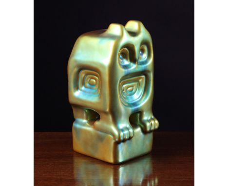 A Zsolnay Eosin Glazed Figure of a stylised owl, 6¼ ins (16 cms) in height.
