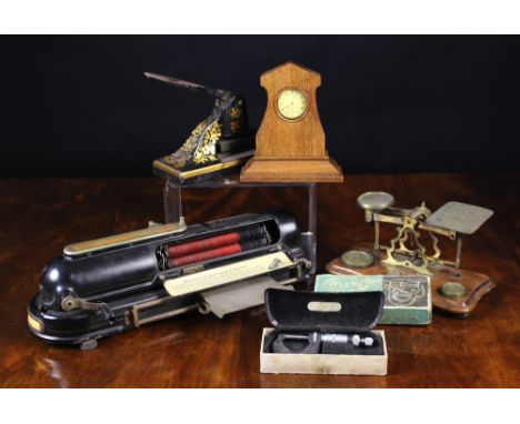 A Collection of Old Office Equipment: A Protectograph Cheque Writer manufactured by Halsby & Co Ltd, a set of pre-decimal pos