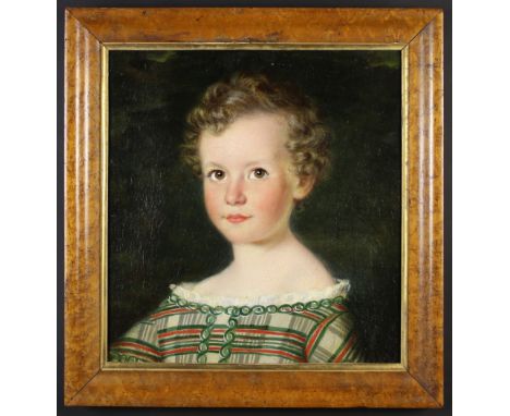 English Provincial School, Circa 1860: Oil on Canvas laid onto Board: Portrait of an attractive young girl wearing a tartan d