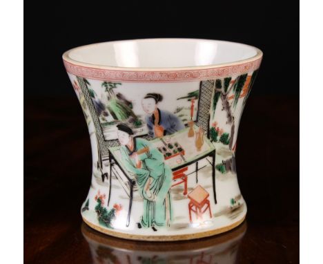 A Chinese Waisted Brush Pot enamelled with a figural scene and having a red seal mark to the turquoise glazed base, 5 ins (13