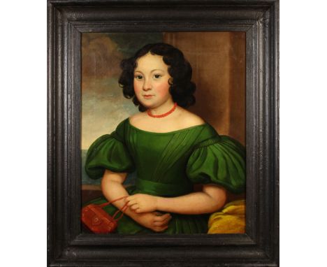 English Provincial School, Circa 1850: Oil on Canvas; Portrait of a Young Girl wearing a green dress and coral necklace, 24 i