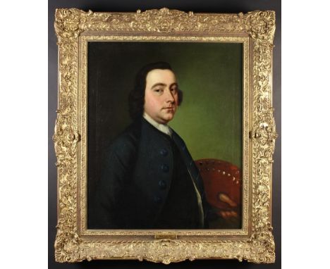 Joseph Highmore (1692-1780). Oil on Canvas: Self Portrait of the Artist wearing a blue smock and holding a wooden palette, 30
