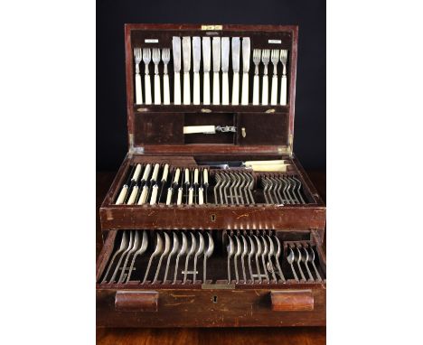 A Good Mappin & Webb Mahogany Canteen of Silver Cutlery. The interior labelled & fitted with: 8 fish knives & forks, a knife 