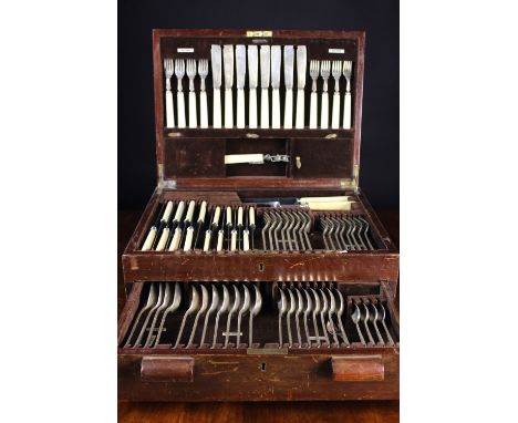 A Good Mappin & Webb Mahogany Canteen of Silver Cutlery. The interior labelled & fitted with: 8 fish knives & forks, a knife 