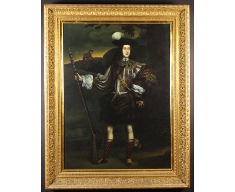 A Full Length Portrait in Landscape depicting a young 17th century Scotsman dressed in elaborate jacket and belted plaid with