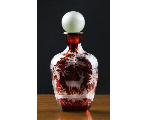 A Bohemian Ruby Flashed Perfume Bottle having a frosted ball stopper with glass scent rod. The flask with flattened sides eng