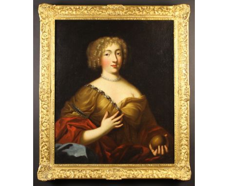 French School.  An Oil on Canvas, Circa 1700: Half Length Portrait of a Lady holding an orb in one hand, 30¼ ins x 25 ins (77