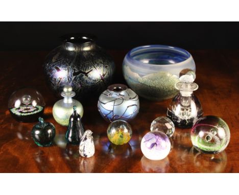 A Collection of Glassware: A dark purple & green iridescent vase 6¼ ins (16 cms) high. A blue, green & gold bowl signed Green