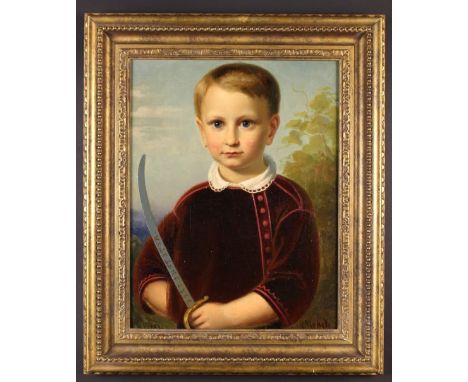Mid 19th Century English School; Oil on Canvas: Portrait of a Young Boy holding a sword bearing a Latin inscription 'Fiat Jus