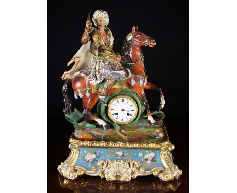 A 19th Century Jacob Petit Style Hard Paste Porcelain Figural Clock modelled in the form of a Turk on Horseback decorated in 