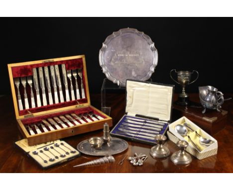 A Collection of Silver & Plated Ware: A silver salver hallmarked Sheffield 1986. A pair of silver clad candlesticks, Birmingh
