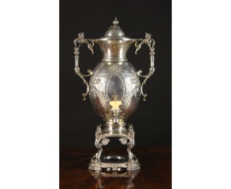 A Fine Victorian Silver Plated Samovar stamped Philip Ashberry & Sons Sheffield.  The ovoid body embossed, chased & engraved 