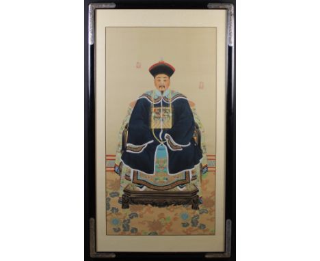 A Pair of Late 19th Century Chinese Gouache Paintings: Full length portraits of an eminent man & wife dressed in elaborate co