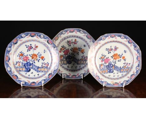 Three 18th Century Chinese Plates (one cracked) decorated in under glaze blue, pink and orange enamel with gilded outlines de