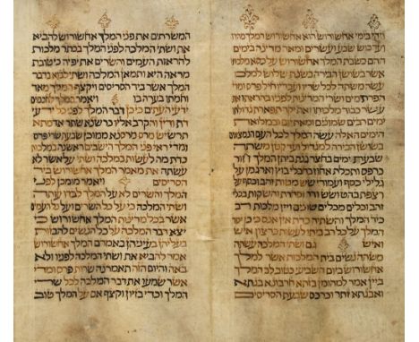 Bible.- - Megillah Esther,  manuscript in Hebrew on 5 joined vellum membranes, wear and staining to start of first membrane a