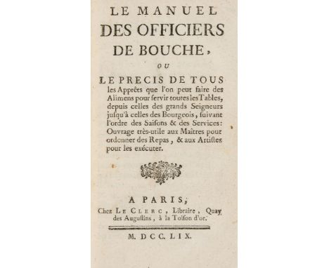 [Menon]. - Le Manuel des Officiers de Bouche,  first edition ,  title with small woodcut ornament, A1 & 2 and 2B5 repair with