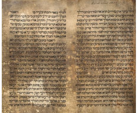 Hebrew.- - Megillah Esther,  manuscript in Hebrew on 4 joined vellum membranes, portion of first  membrane backed with silk, 