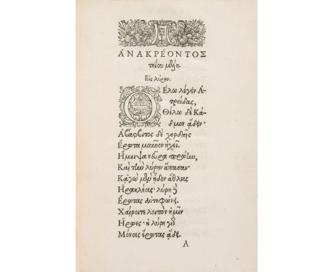 Anacreon. - Odae,  text in Greek and Latin, title with woodcut printer's device, woodcut initial and head-pieces, lacking fin