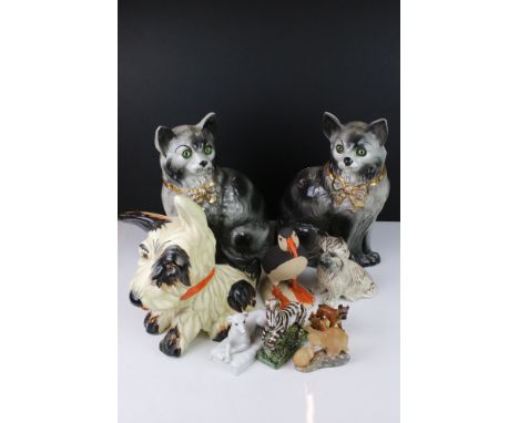 Collection of Ceramic Animals including Pair of Scottish Foreside Cats with glass eyes, 31cms high, Garnier Zebra, Kilkenny P