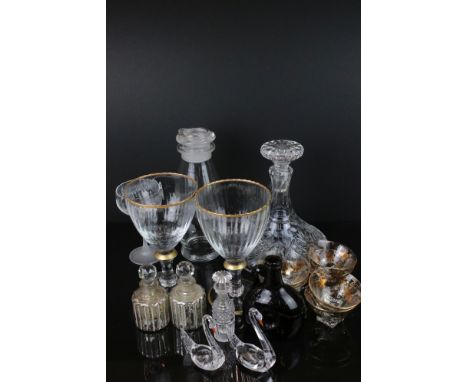 Mixed Lot of Glassware including Large Pair of Fluted Goblets with Gilt Rims, Decanters, Antique Brown Glass Flask, etc 