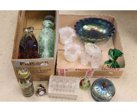 Collection of Glassware including a Mdina Decanter with Stopper, large Crackle effect Vase (45cms high), Caithness Desk Clock
