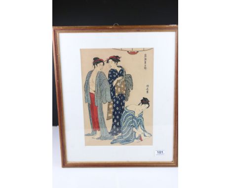 Torii Kiyonaga (1752-1815) Signed Japanese Woodblock, portrait of Geishas after bathing 