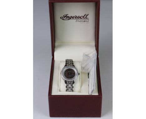 Ingersoll ladies diamond stainless steel wristwatch, engine turned gunmetal dial, steel coloured Roman numerals at the quarte