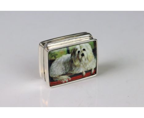 Silver pill box with pictorial enamel dog image 