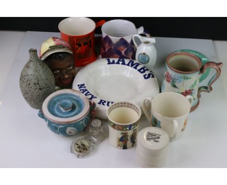 Mixed Lot of Ceramics including Four items of Studio Pottery, 19th century Tobacco Jar in the form of a Man wearing a Jockey 
