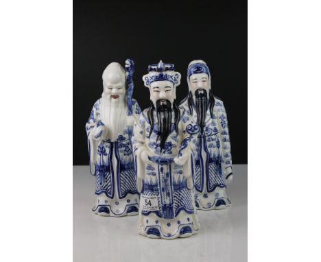 Three Chinese Ceramic Figures of Elders decorated in blue and white, 29cms high 