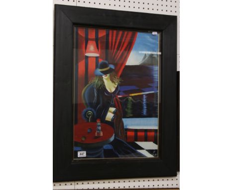 Framed Painting Portrait of an Art Deco Scene with Lady seated in a bar, signed 