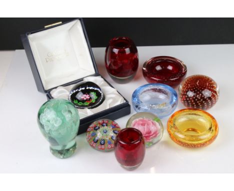Five Glass Paperweights including Boxed Caithness and a Victorian Dump together with Five Controlled Bubble Glass items, poss
