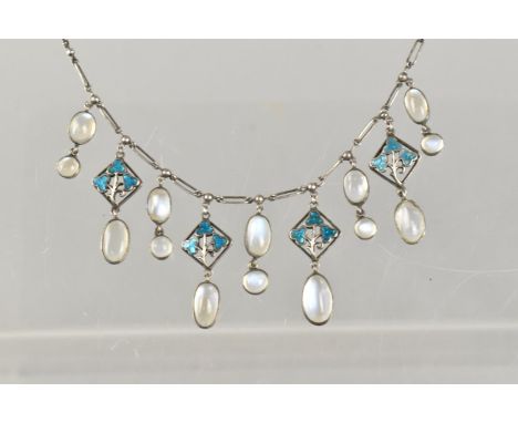 An Arts and Crafts Moonstone and Enamel Necklace, Round and Oval Cabochon Stone Drops Set in Unmarked White Metal, Five Shape