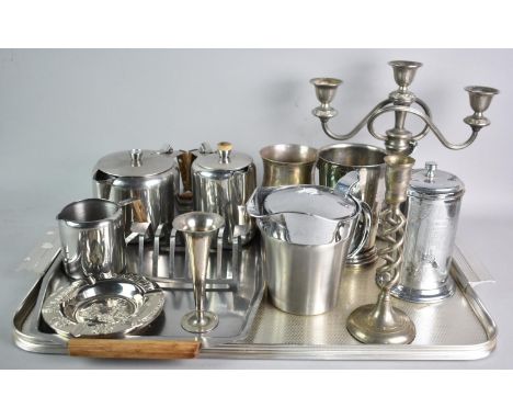 A Collection of Various Stainless Steel and Silver Plate Items to include Teapot, Hot Water Jug, Ashtray, Toastrack, Tankards